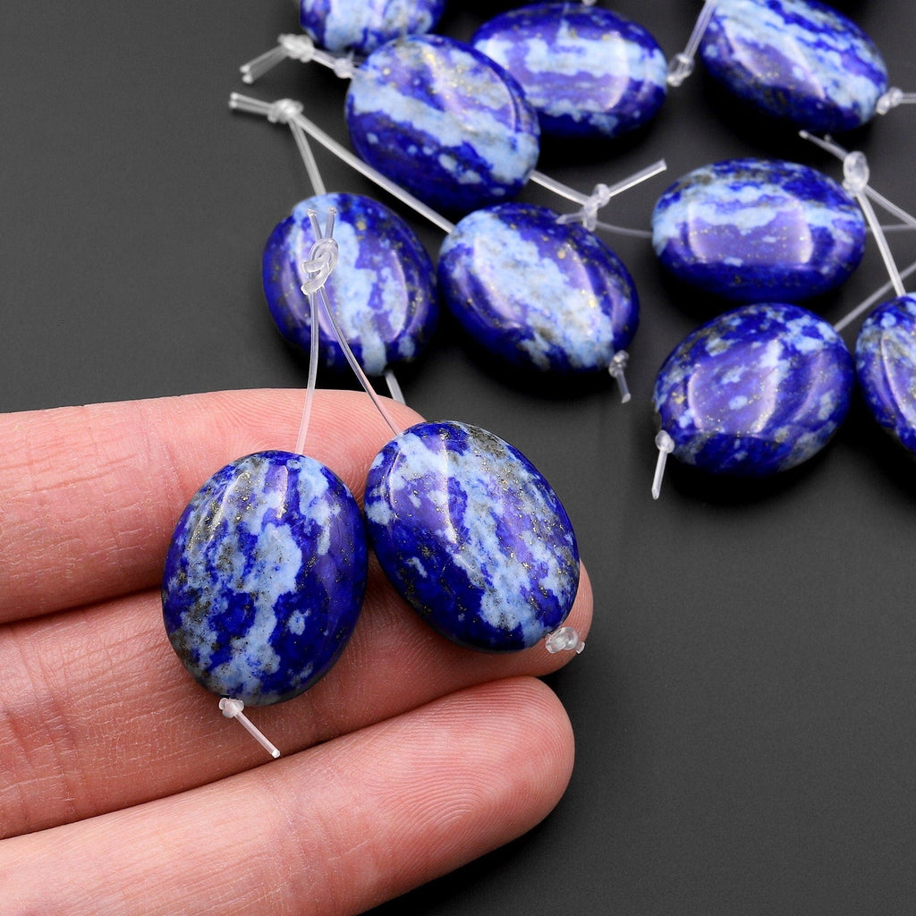 Drilled Natural Blue Lapis Earring Pair With White Calcite Oval Matched Gemstone Beads Pair