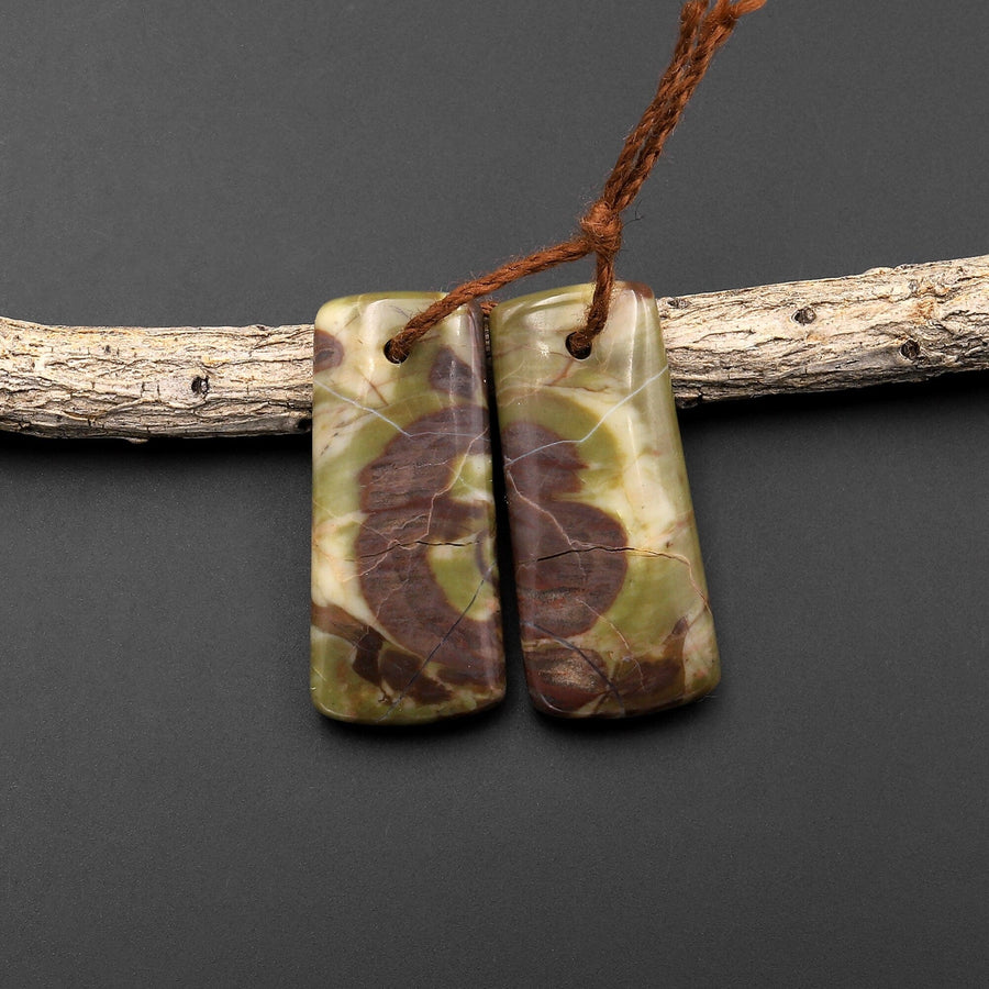 Natural Mushroom Rhyolite Jasper Matched Short Rectangle Gemstone Earring Bead Pair