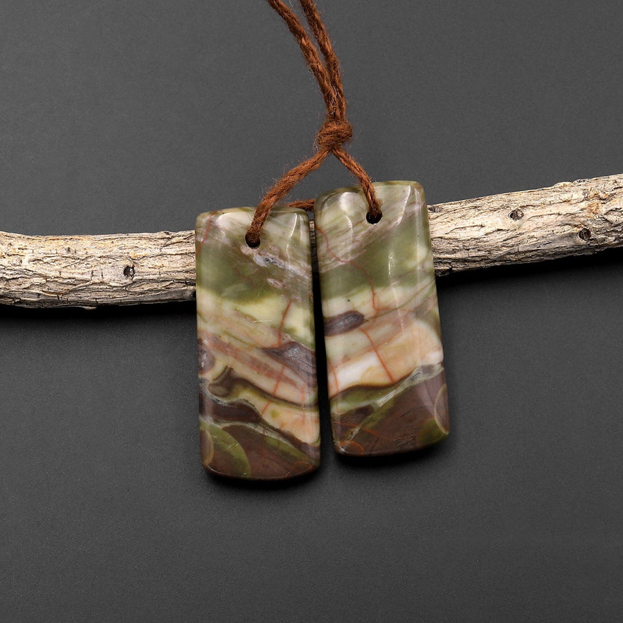 Natural Mushroom Rhyolite Jasper Matched Short Rectangle Gemstone Earring Bead Pair