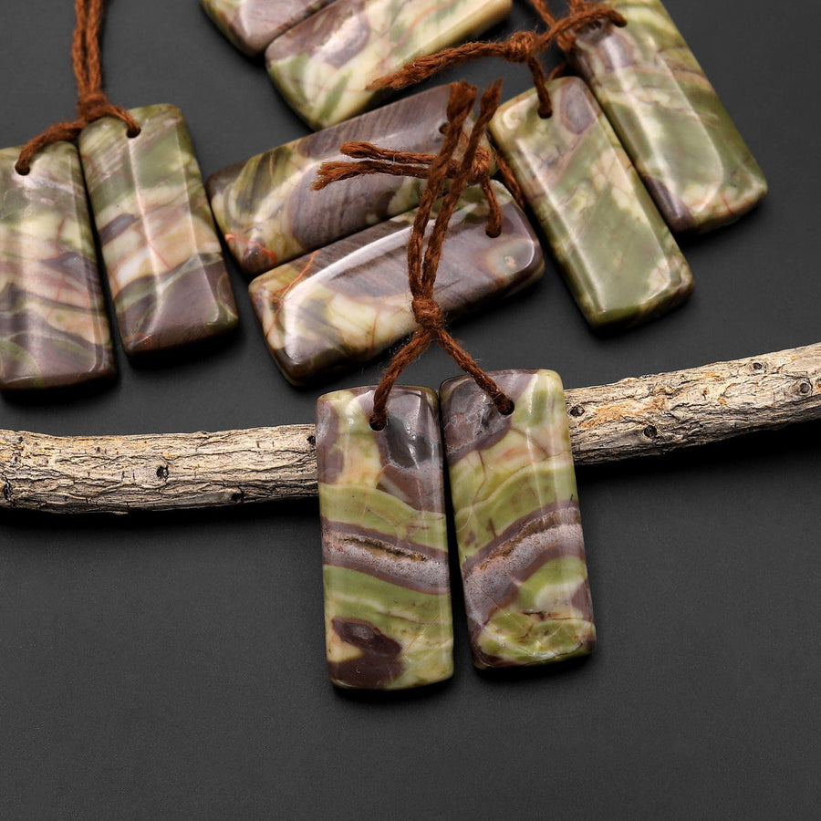 Natural Mushroom Rhyolite Jasper Matched Short Rectangle Gemstone Earring Bead Pair