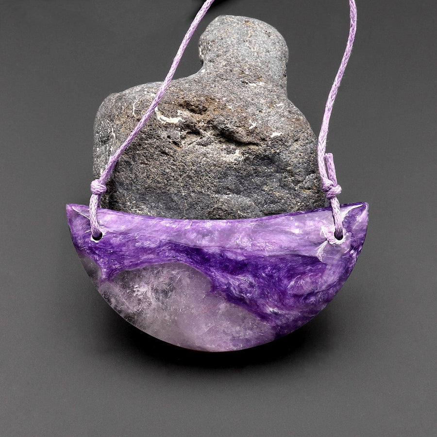 Natural Purple Russian Charorite Pendant 2 Hole Half Moon Shaped Gemstone