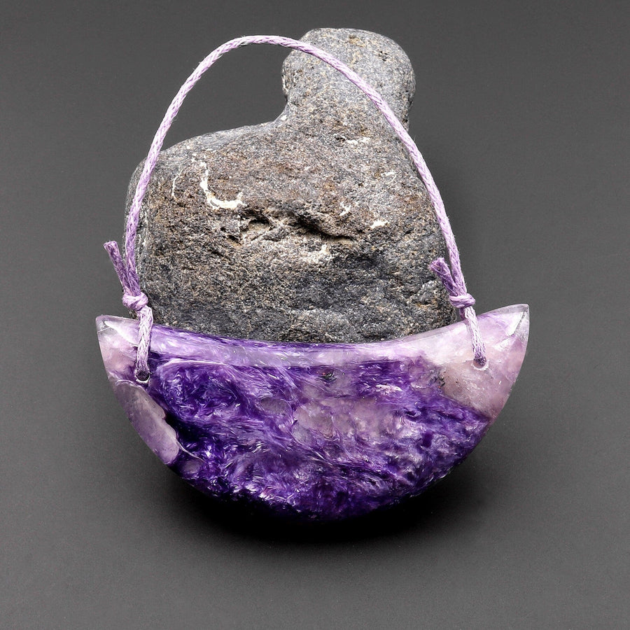 Natural Purple Russian Charorite Pendant 2 Hole Half Moon Shaped Gemstone