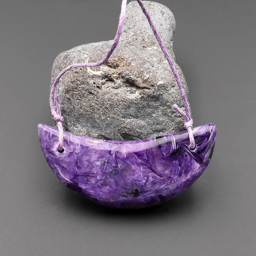 Natural Purple Russian Charorite Pendant 2 Hole Half Moon Shaped Gemstone