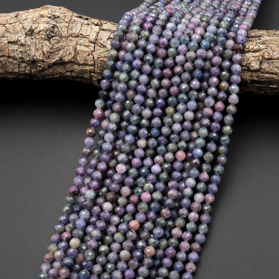 Natural Burma Sapphire Faceted 5mm Round Beads Blue Purple Pink 15.5" Strand