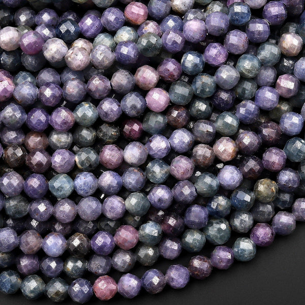 Natural Burma Sapphire Faceted 5mm Round Beads Blue Purple Pink 15.5" Strand