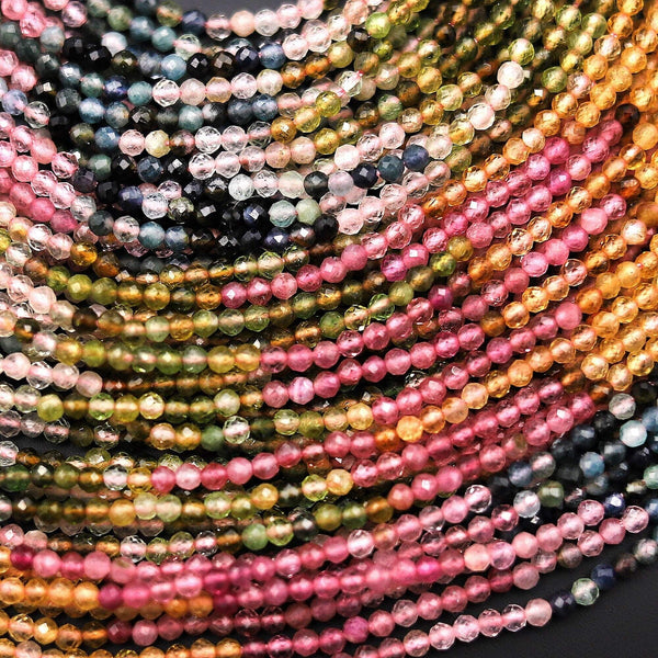 AAA Natural Multicolor Pink Green Yellow Blue Tourmaline Micro Faceted 2mm Round Gemstone Beads 15.5" Strand