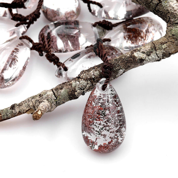 AAA Natural Lodalite Phantom Quartz Long Teardrop Pendant Gemstone Focal Bead Extra Clear A3
