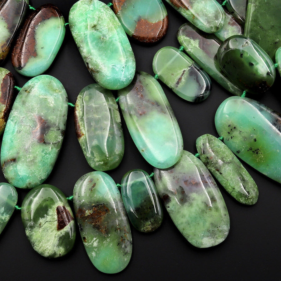 Large Natural Bicolor Australian Green Brown Chrysoprase Beads Nuggets Side Drilled Long Oval Focal Bead Pendant 15.5" Strand