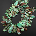 Large Natural Bicolor Australian Green Brown Chrysoprase Beads Nuggets Side Drilled Long Oval Focal Bead Pendant 15.5" Strand