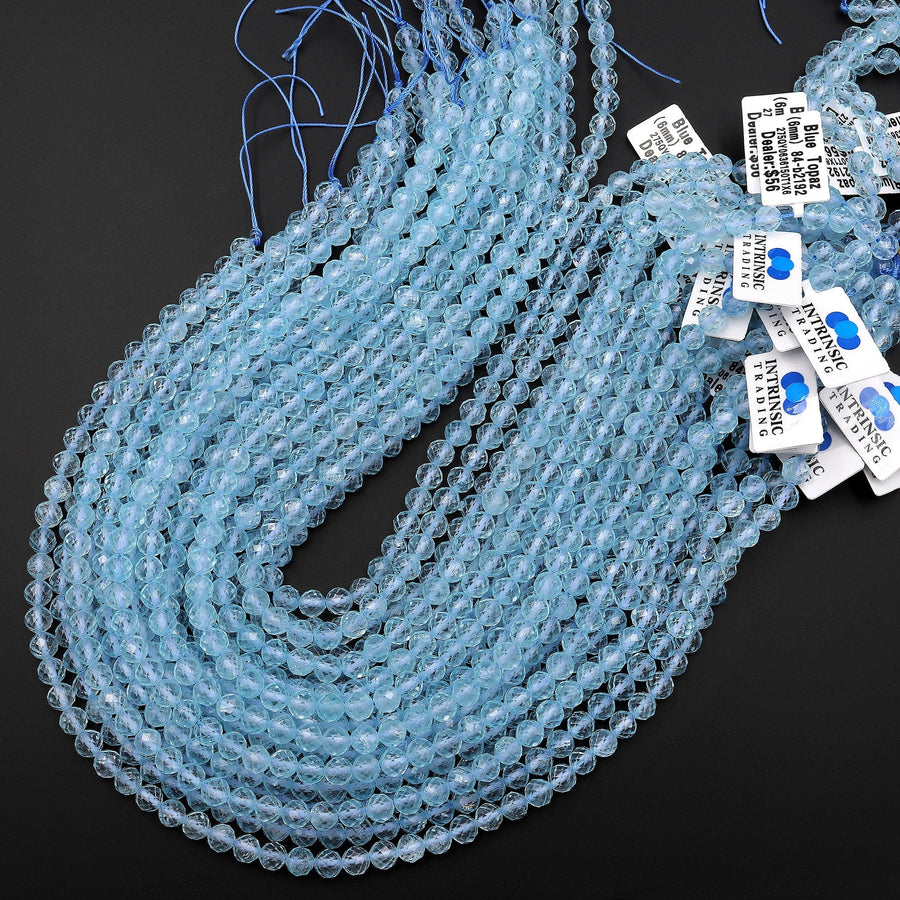 AAA Swiss Blue Topaz 2mm 3mm 4mm 6mm Faceted Round Beads Laser Diamond Cut Real Genuine Topaz Gemstone 15.5" Strand