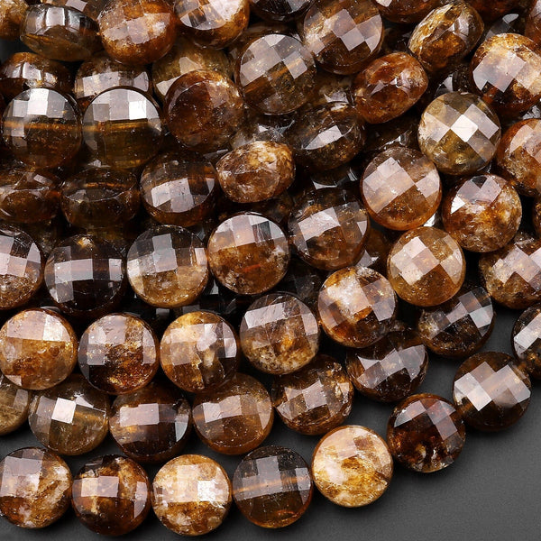 Faceted Natural Golden Brown Dravite Tourmaline Coin Beads Rare Gemstone 15.5" Strand