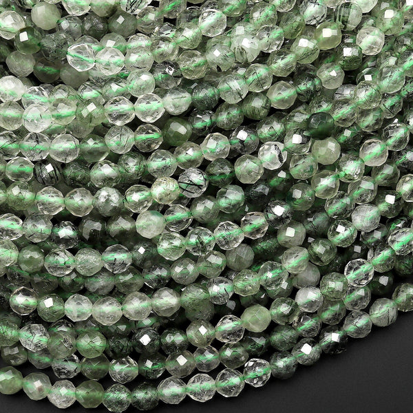 AAA Faceted Natural Green Tourmaline Rutile Quartz 3mm 4mm Round Beads 15.5" Strand