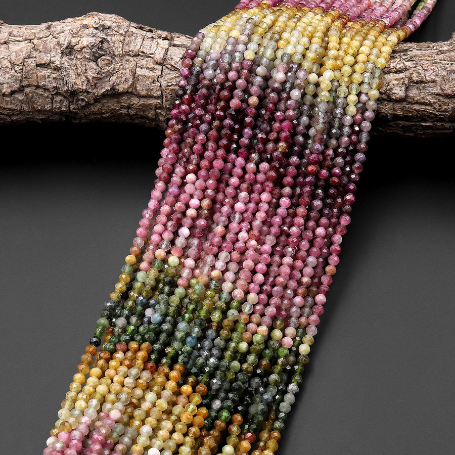 Faceted Natural Multicolor Tourmaline Round Beads 4mm Red Pink Green Yellow Gradient Shades 15.5" Strand