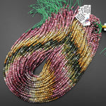 Faceted Natural Multicolor Tourmaline Round Beads 4mm Red Pink Green Yellow Gradient Shades 15.5" Strand