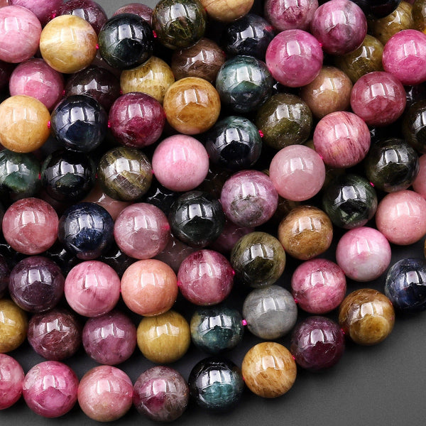 AAA Natural Multicolor Pink Green Cognac Tourmaline Round Beads 6mm 8mm 10mm Gemstone 15.5" Strand