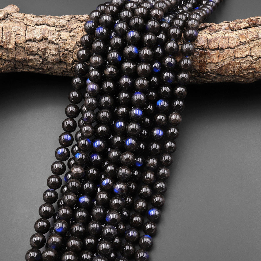 AAA Rare Natural Black Labradorite Smooth Round Beads 6mm 8mm 10mm Blue Flashes 15.5" Strand