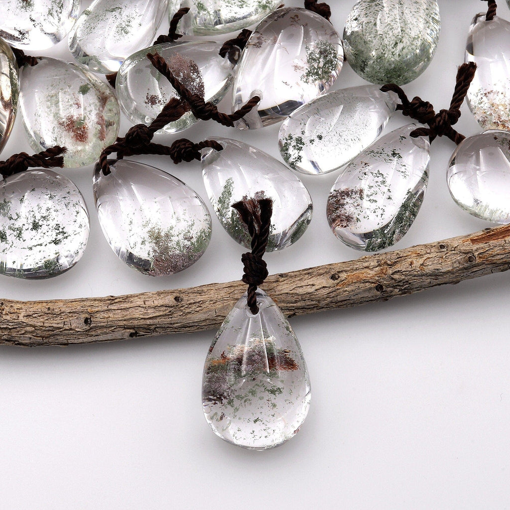 AAA Natural Green Lodalite Phantom Quartz Puffy Teardrop Pendant Gemstone Focal Bead Extra Clear A1
