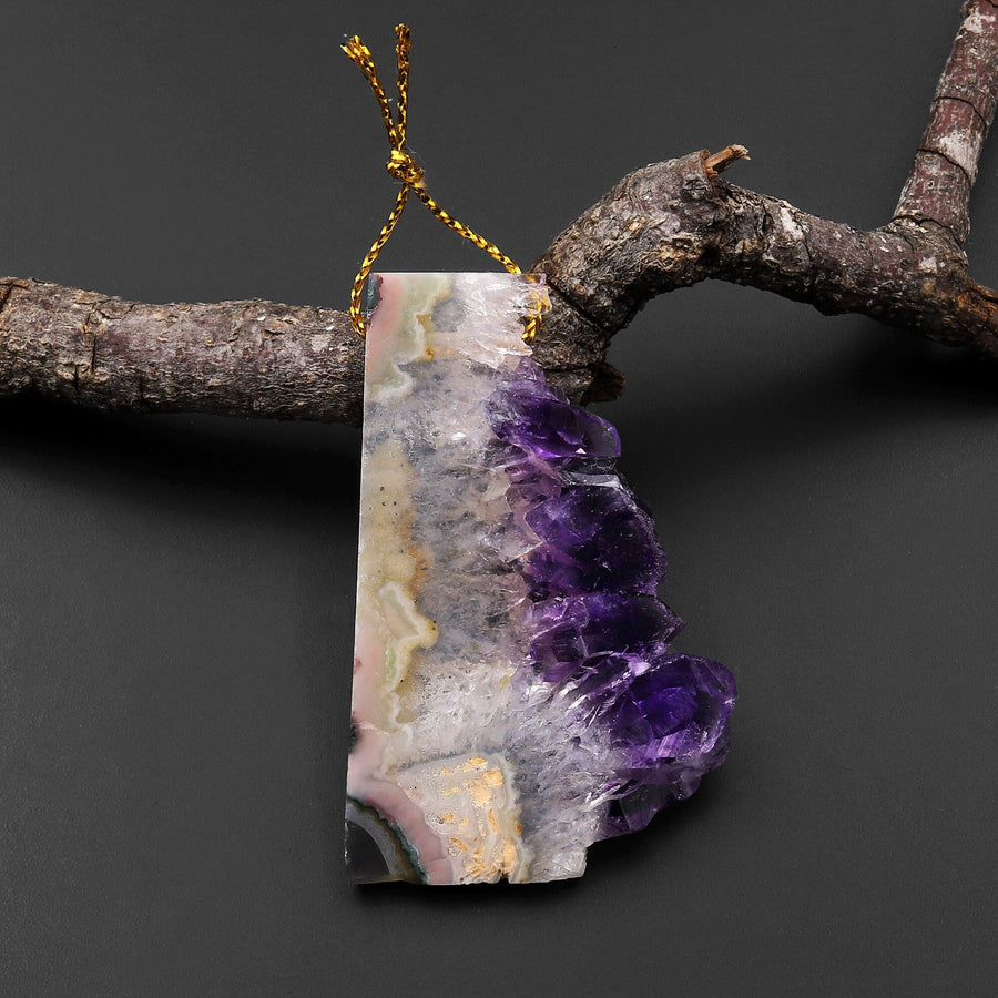 Natural Purple Amethyst Stalactite Druzy Pendant Side Drilled Flat Slice Rectangle P0192