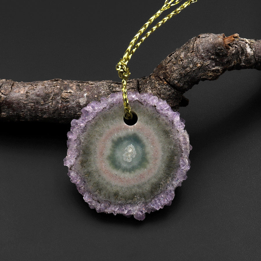 Natural Amethyst Stalactite Flower Pendant Flat Slice Freeform One of a Kind P0195