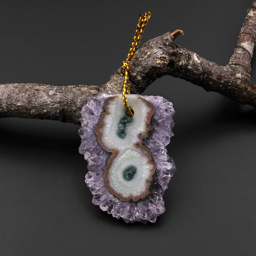 Natural Amethyst Stalactite Flower Pendant Flat Slice Freeform One of a Kind P0194