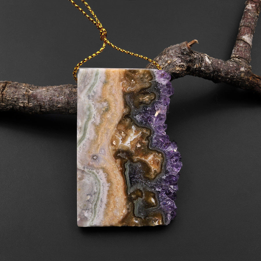 Natural Purple Green Amethyst Stalactite Druzy Pendant Side Drilled Flat Slice Rectangle P0205