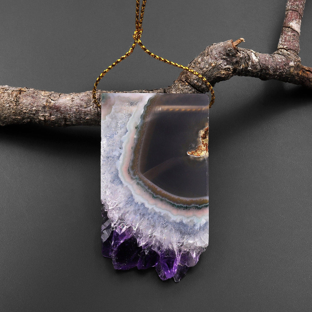 Natural Purple Amethyst Stalactite Druzy Pendant Side Drilled Flat Slice Rectangle P0206