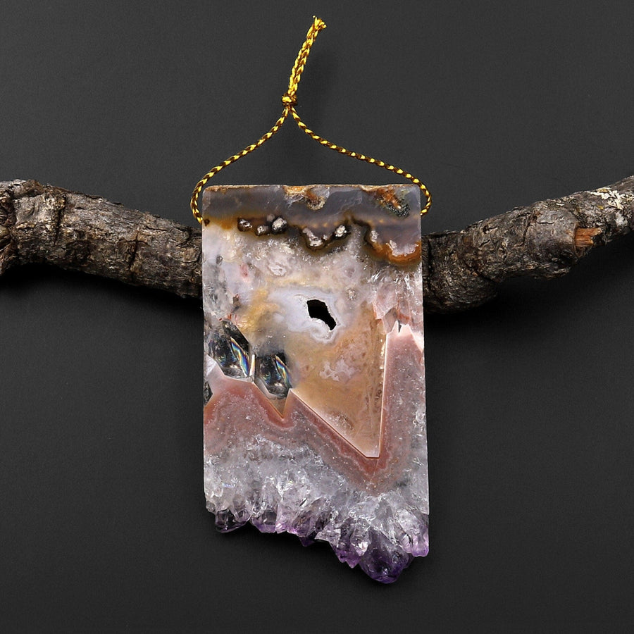 Natural Purple Amethyst Stalactite Druzy Pendant Side Drilled Flat Slice Rectangle P0210