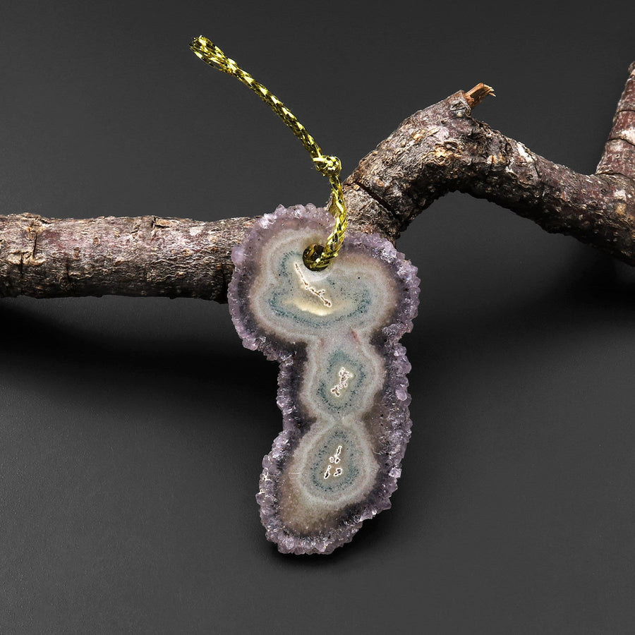 Natural Amethyst Stalactite Flower Pendant Flat Slice Freeform One of a Kind P0216