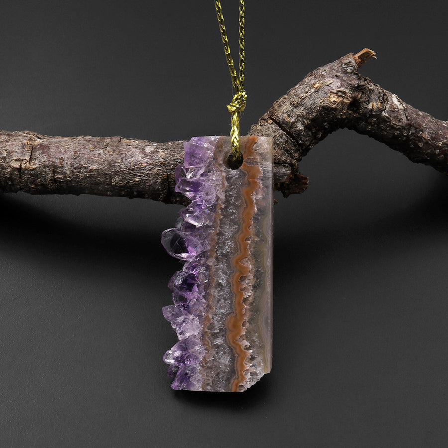 Natural Amethyst Stalactite Pendant Flat Slice Freeform One of a Kind P0214
