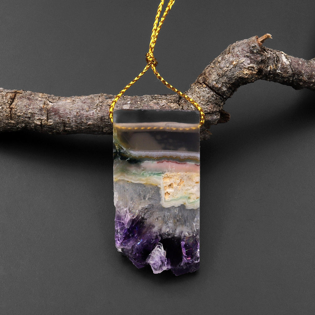 Natural Purple Amethyst Stalactite Druzy Pendant Side Drilled Flat Slice Rectangle P0214