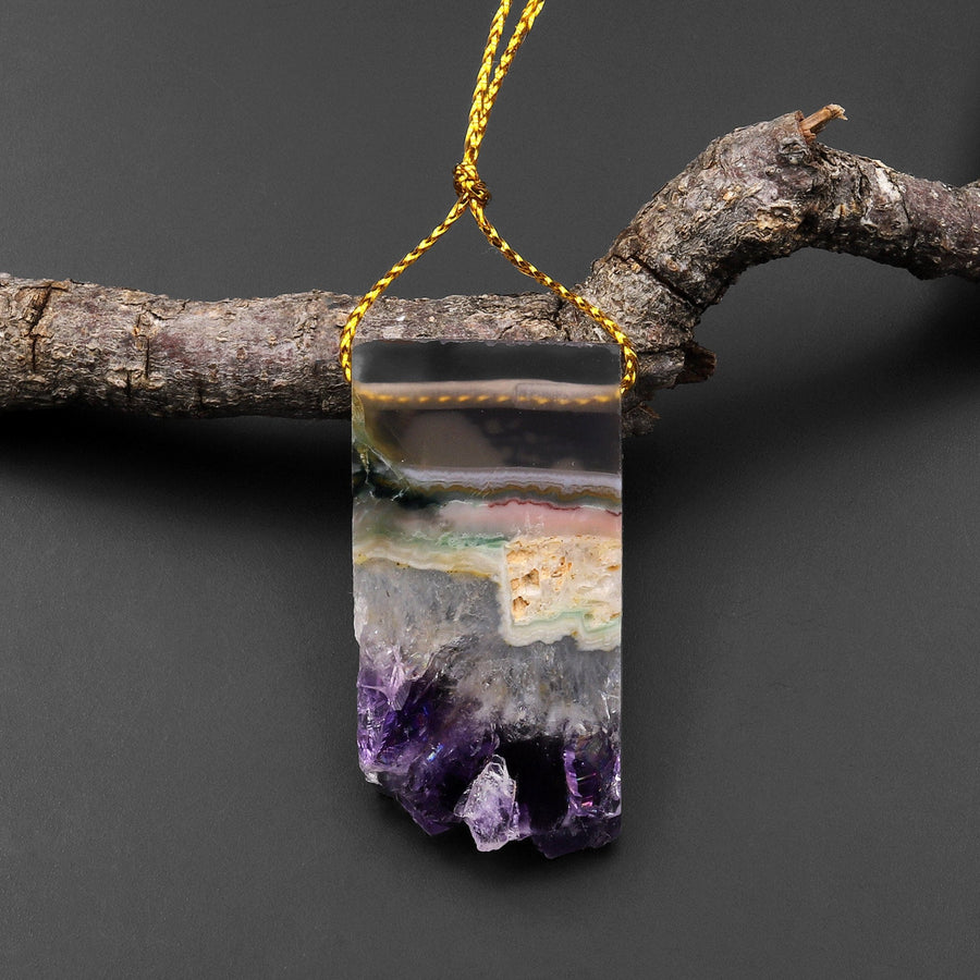 Natural Purple Amethyst Stalactite Druzy Pendant Side Drilled Flat Slice Rectangle P0214