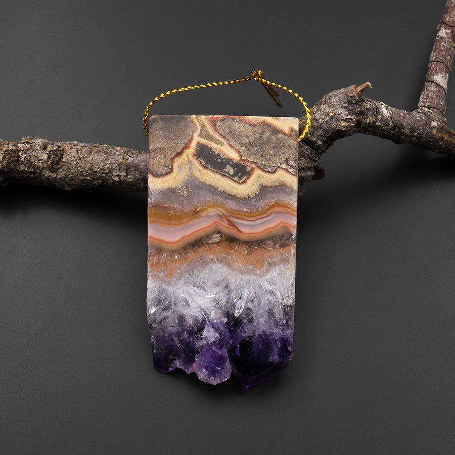 Natural Purple Amethyst Stalactite Druzy Pendant Side Drilled Flat Slice Rectangle P0212
