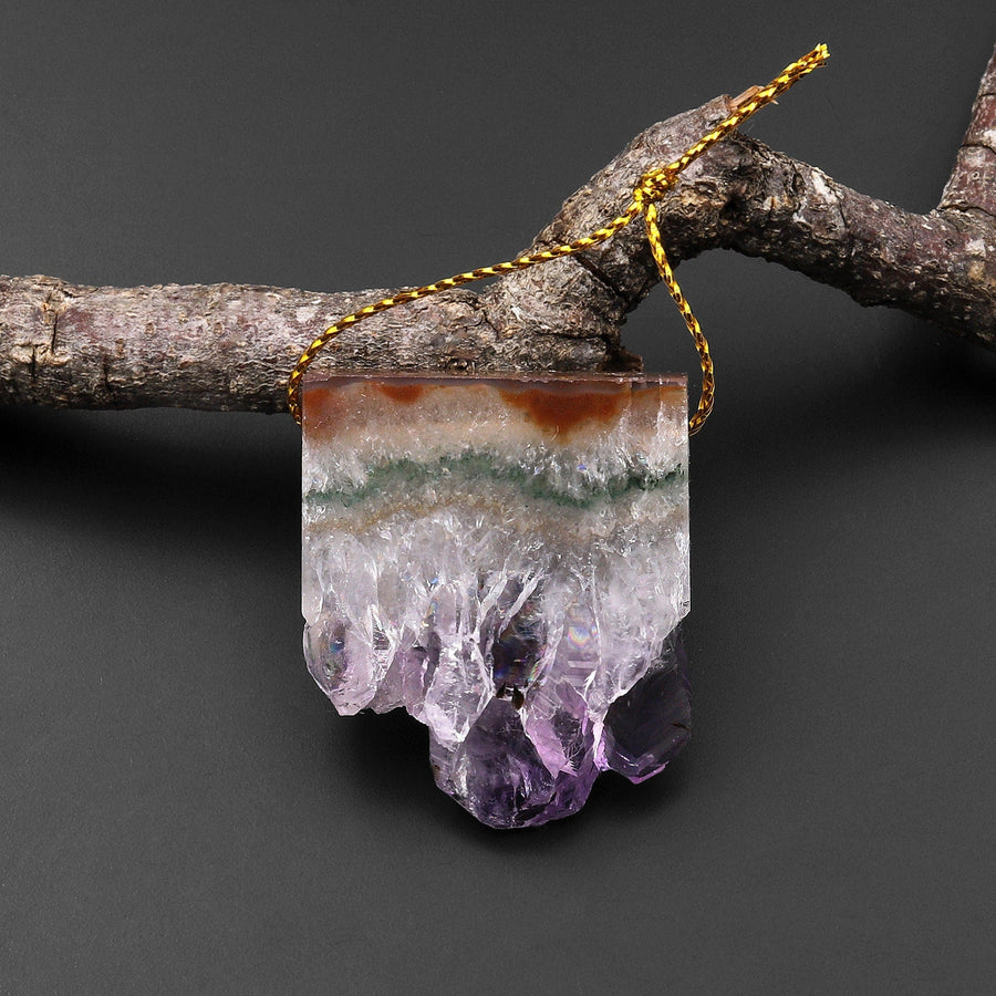 Natural Purple Amethyst Stalactite Druzy Pendant Side Drilled Flat Slice Rectangle P0221