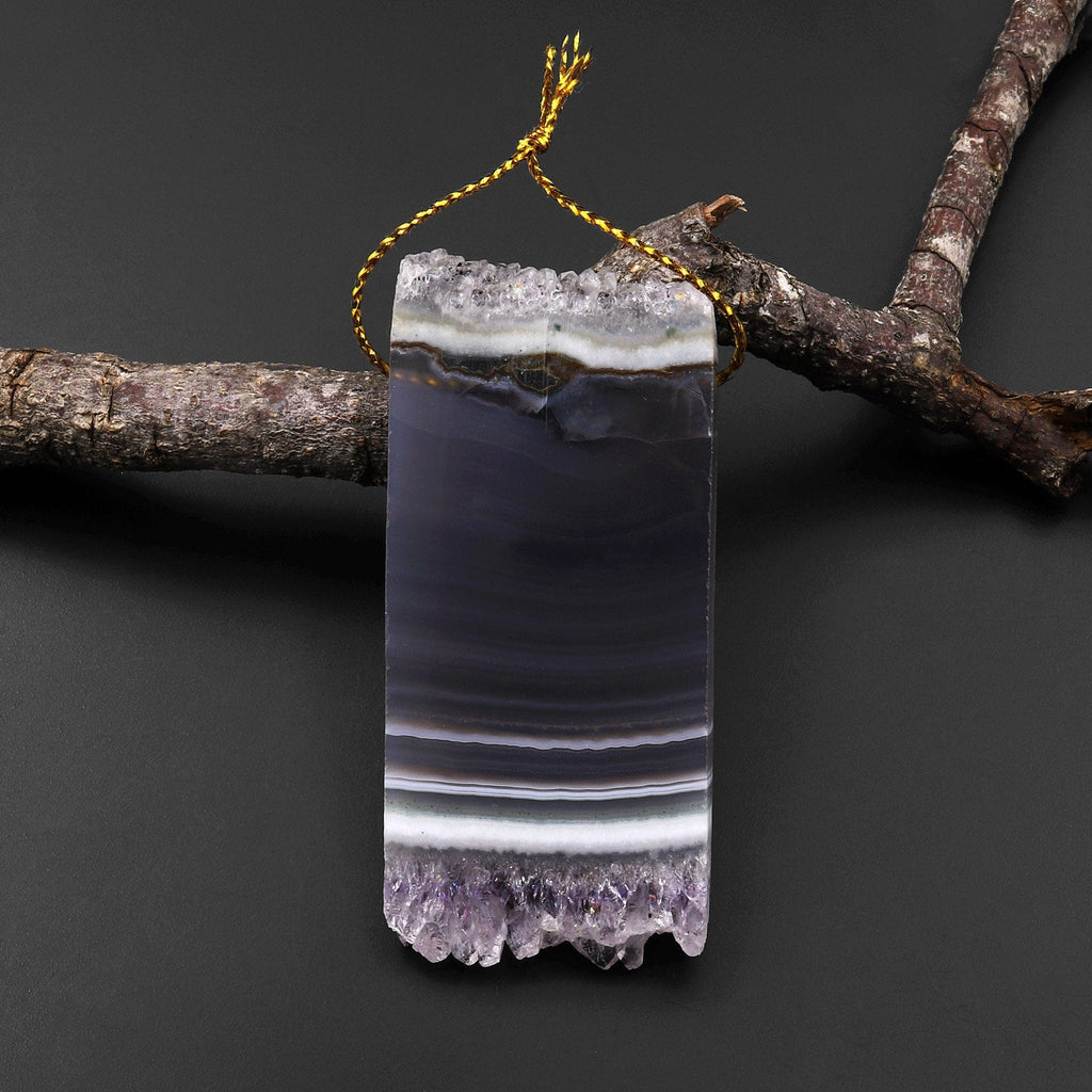 Natural Purple Amethyst Stalactite Druzy Pendant Side Drilled Flat Slice Rectangle P0222