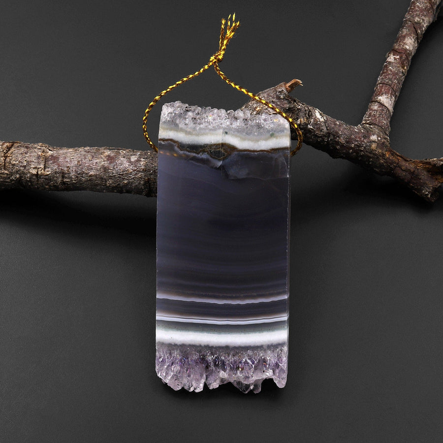 Natural Purple Amethyst Stalactite Druzy Pendant Side Drilled Flat Slice Rectangle P0222