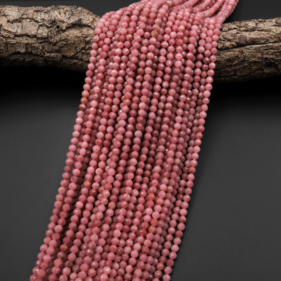 Natural Petrified Pink Rhodonite 3mm 4mm Micro Faceted Round Beads 15.5" Strand