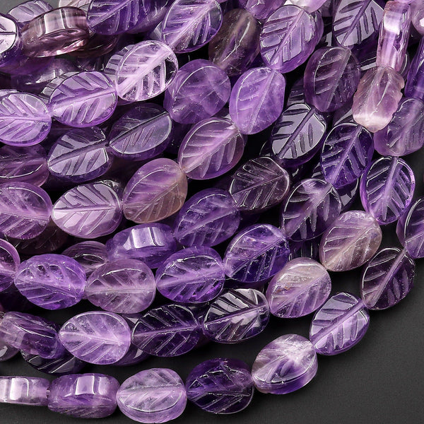 Natural Purple Amethyst Hand Carved Leaf Gemstone Beads 15.5" Strand