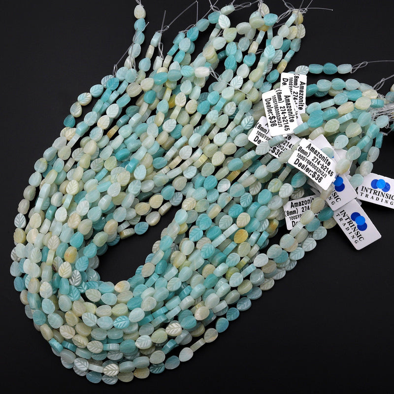 Natural Amazonite Hand Carved Leaf Gemstone Beads 15.5" Strand