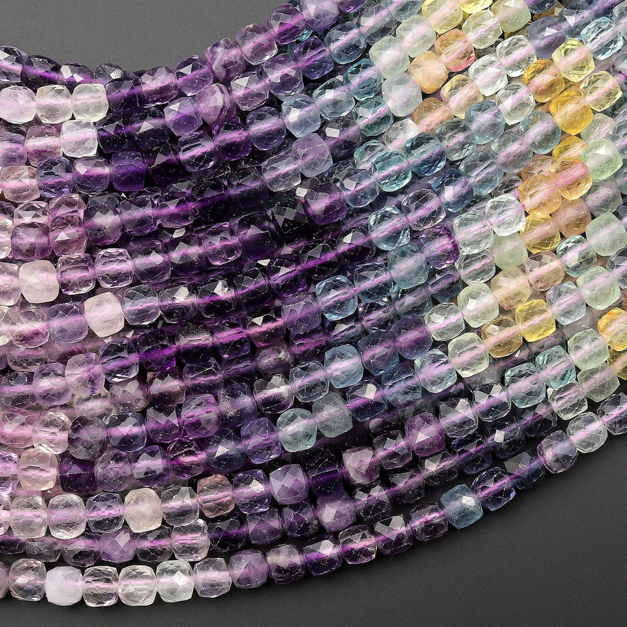 AAA Natural Fluorite Faceted 4mm Cube Square Beads Purple Pink Green Yellow Gemstone 15.5" Strand