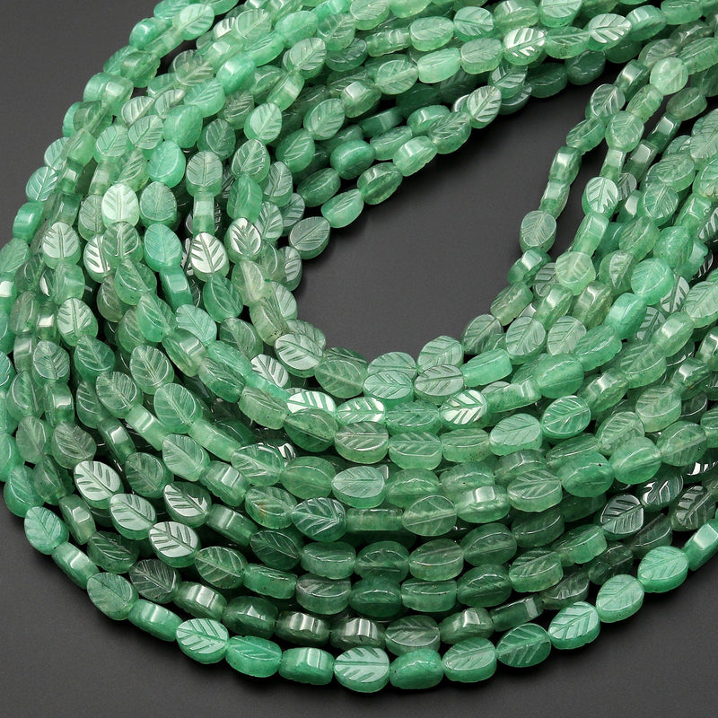 Natural Green Aventurine Hand Carved Leaf Gemstone Beads 15.5" Strand