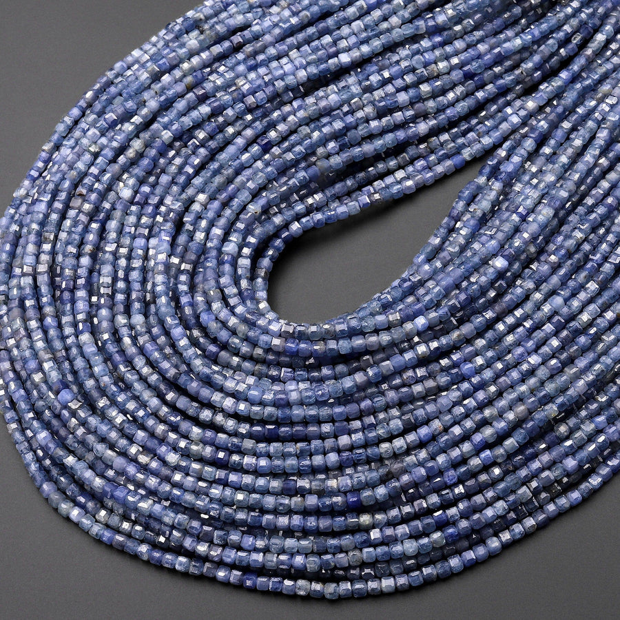 Natural Blue Sapphire Faceted Gemstone Cube Beads 2mm from Sri Lanka 15.5" Strand