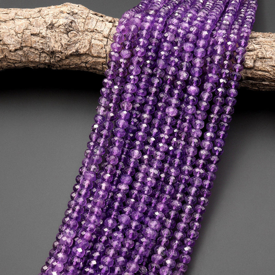 AAA+ Faceted Natural Amethyst 5mm 6mm 8mm rondelle Beads 15.5" Strand