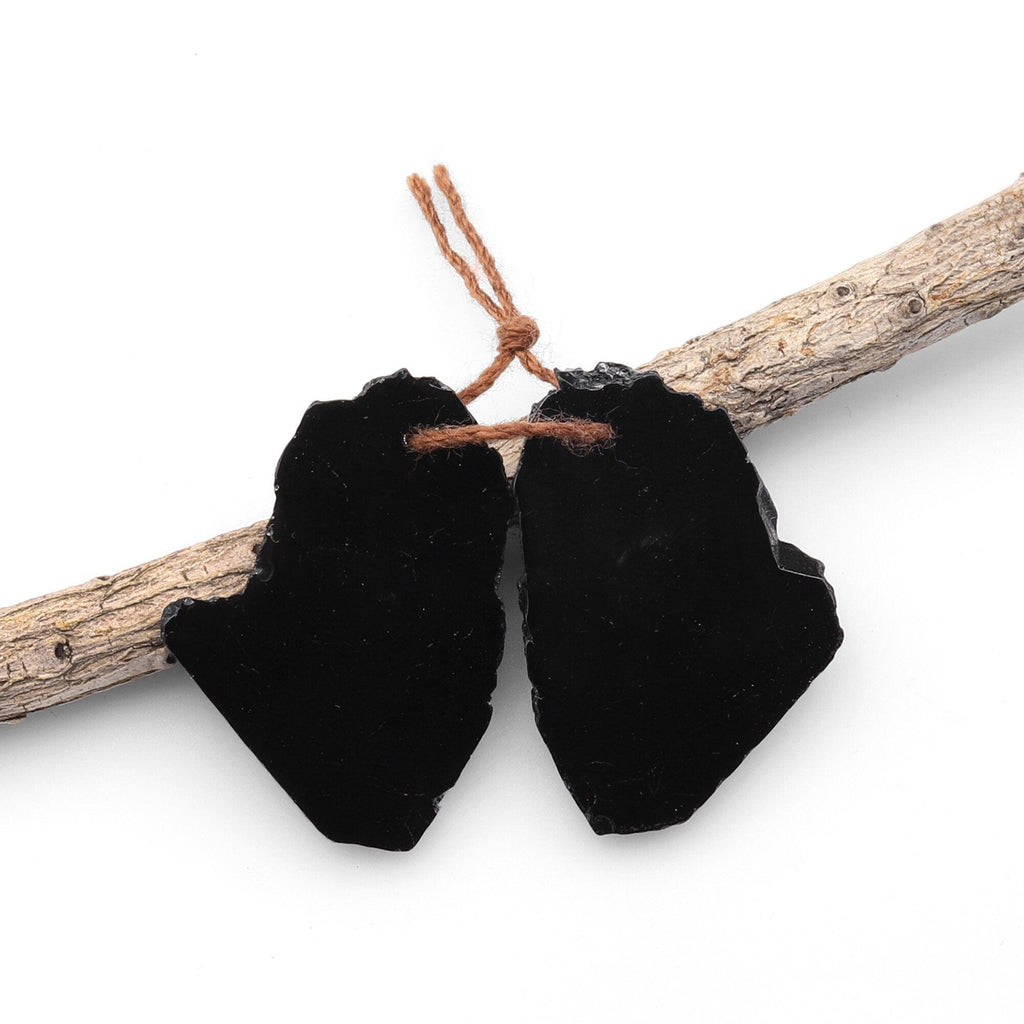 Drilled Natural Black Tourmaline Freeform Slice Earring Pair Matched Raw Organic Gemstone Beads A2