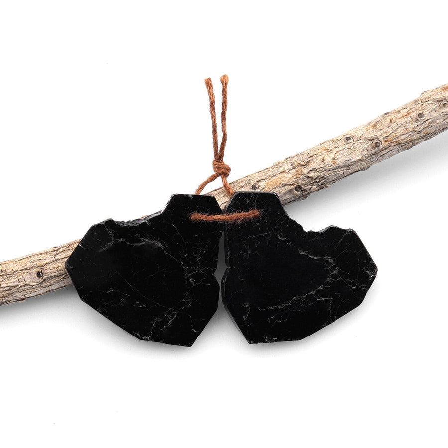Drilled Natural Black Tourmaline Freeform Slice Earring Pair Matched Raw Organic Gemstone Beads A3