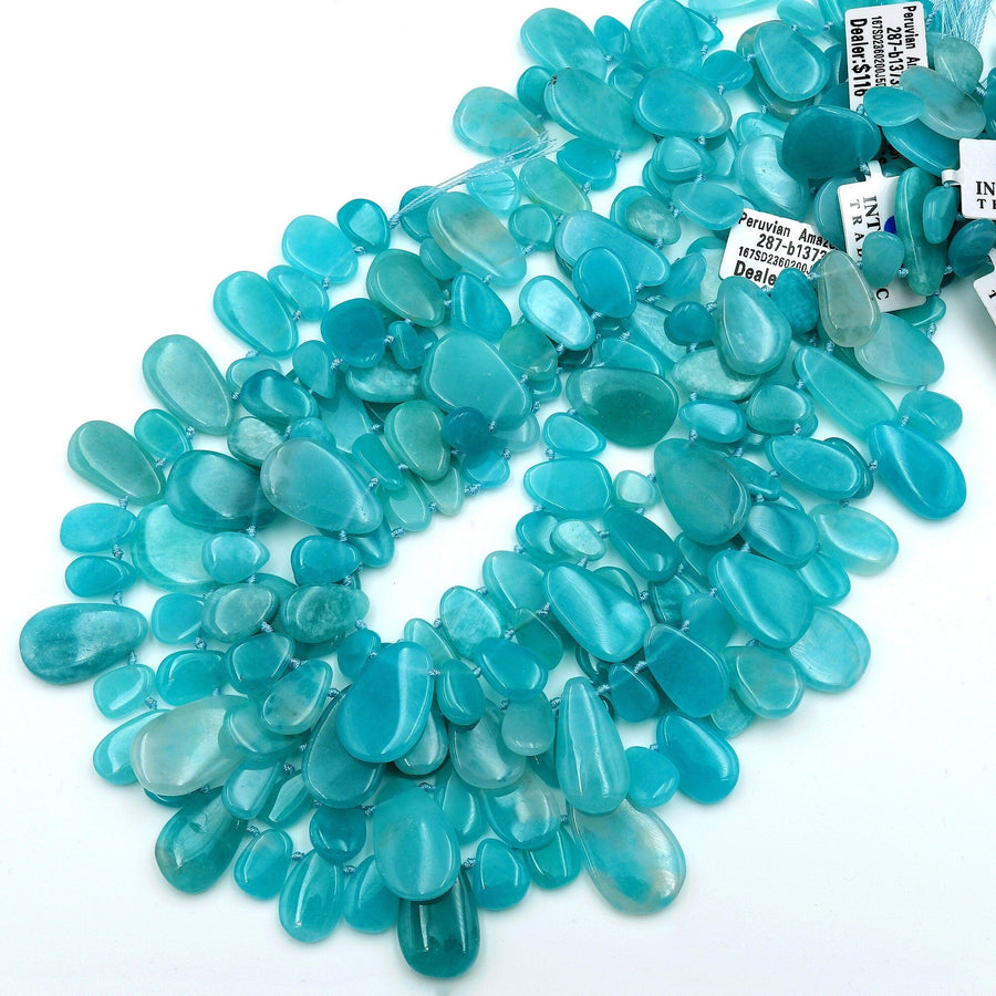 AAA Natural Peruvian Amazonite Smooth Freeform Teardrop Focal Pendant Beads Top Side Drilled 15.5" Strand
