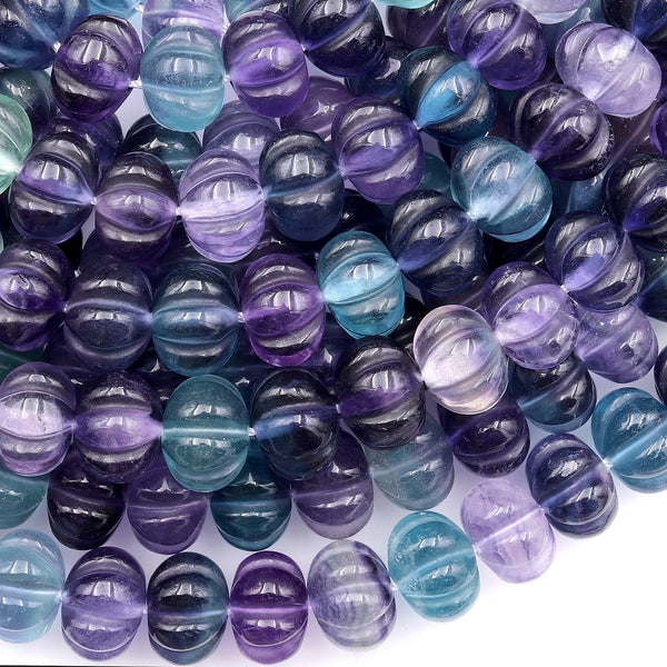 Natural Green Purple Fluorite Carved Melon Squash Blossom Flower Round Beads 12mm 3D