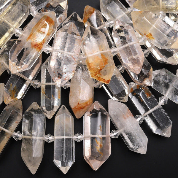 Rare Natural Rock Quartz Beads W Red Lodalite Matrix Faceted Double Terminated Points 15.5" Strand