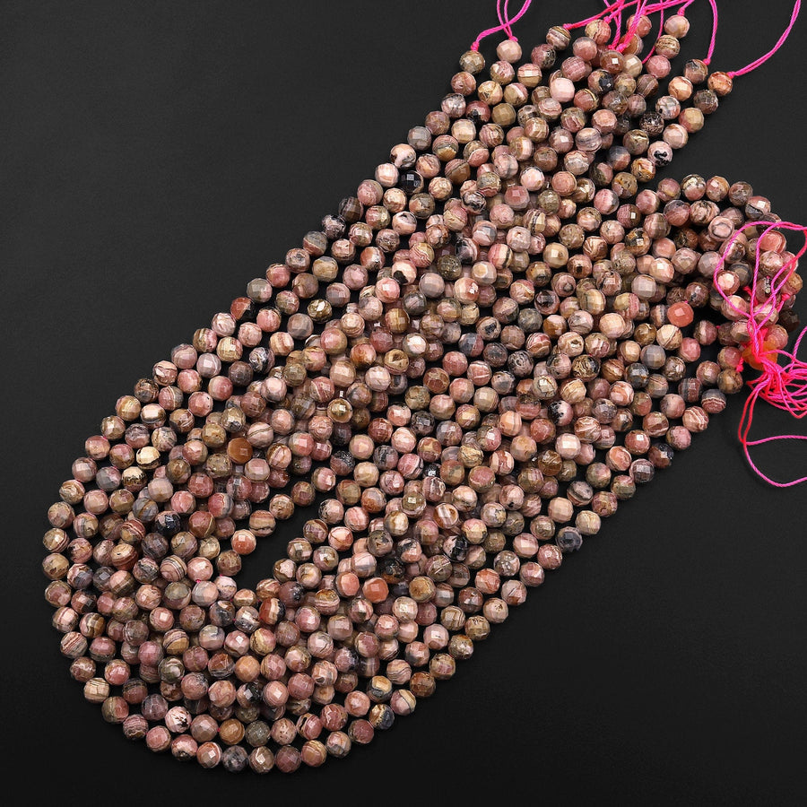 Natural Pink Red Rhodochrosite 6mm Faceted Round Beads W Black Iron Matrix 15.5" Strand