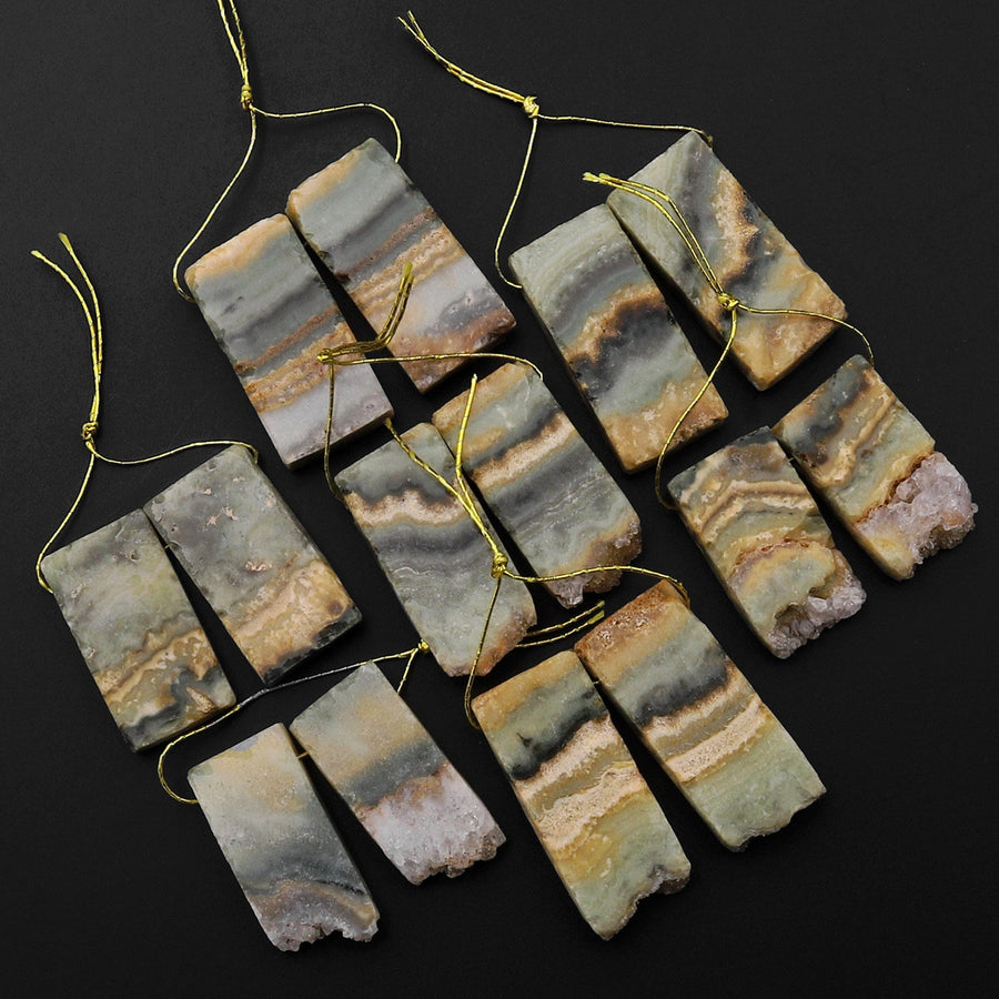 Small Natural Golden Green Amethyst Stalactite Slice Matched Earring Gemstone Bead Pair