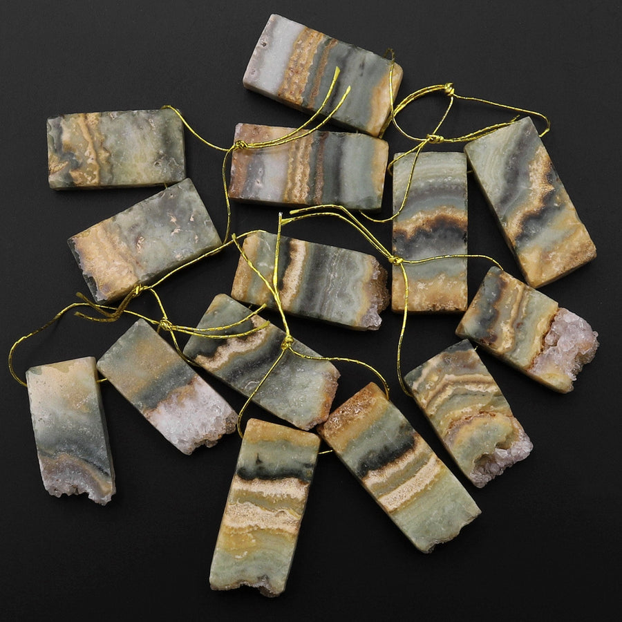 Small Natural Golden Green Amethyst Stalactite Slice Matched Earring Gemstone Bead Pair